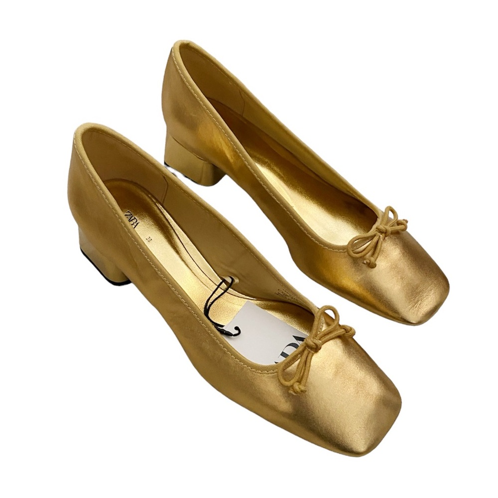 Zara Gold Genuine Leather Ballerina Heel Flats